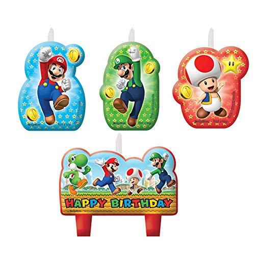 CAPRILO Lote de 4 Velas Infantiles Decorativas Super Mario Bros Happy Birthday Juguetes y Regalos Fiestas de Cumpleaños, Bodas, Bautizos, Comuniones y Eventos. Decoración Original.