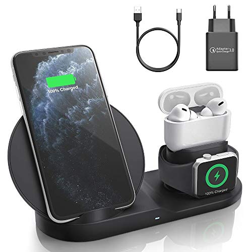 Cargador inalámbrico AceScreen para AirPods Pro, Estación de Carga Inalámbrica 3 en 1, Soporte de Carga Inalámbrico, Cargador de Reloj, Compatible con iPhone 12/12 Mini/XS MAX/XR/X con QC3,0 Atapter