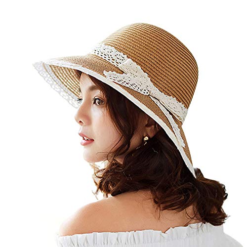 Casa perfetta Sombrero de Sol de Paja for Mujer con Borde Ancho Lady Dome Bucket Sunbonnet con tamaño de Moda: 56-58 cm Bonito Sombrero (Color : Coffee, Size : 56-58cm)