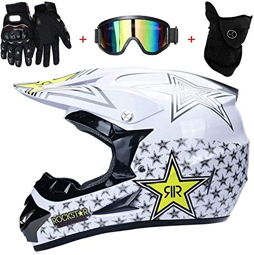 Casco de motocross con gafas de cuello, guantes de polaina (4 unidades), casco de motocicleta todoterreno, casco de competición profesional, certificado DOT (color: blanco, talla: XL)