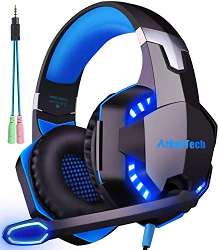 Cascos Auriculares Gaming con Micrófono, Cascos PS4 Auricular Gamer Juegos Gaming Headset con Estéreo LED y USB Diadema Ajustable Jack 3,5mm para Xbox One PC Tableta Laptop Switch Playstation