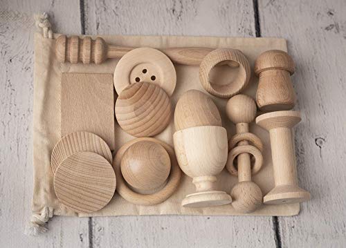 Cesto Tesoros Montessori 14 piezas de madera, juego bebé 6 meses Cesto Tesoros Montessori 14 piezas de madera, juego bebé 6 meses