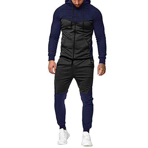 Chándal Hombre Completo 2 Piezas Conjunto Ropa Chandal de Hombre con Capucha y Bolsillos Top Sudadera Cárdigan de Manga Larga + Pantalones Largos para Informal Deporte Otoño Primavera (Azul, XL)