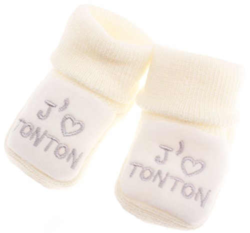 Chaussons bébé brodés "J'aime Tonton" + coeur FDMP, 0/3mois couleur au choix (Beige/gris)