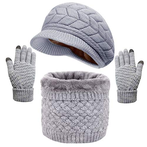 CheChury Gorras Invierno con Bufanda y Guantes Mujer Moda Calentar Sombreros Gorras de Punto Forro de Lana Guantes Táctiles Deportes de Invierno