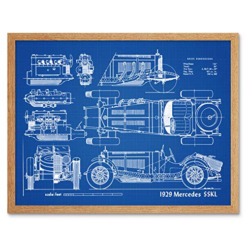 Classic Sports Car 1929 SSKL Blueprint Plan Art Print Framed Poster Wall Decor 12x16 Inch Cl�Sico Deporte Azul P�ster Pared