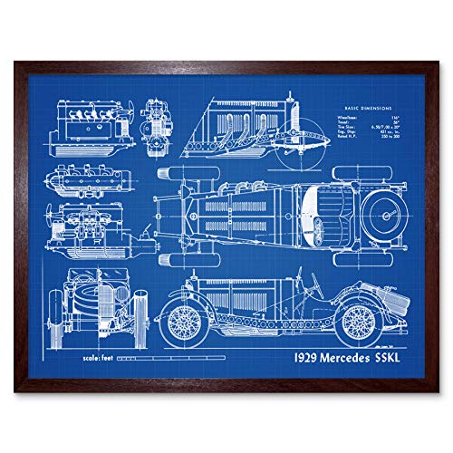 Classic Sports Car 1929 SSKL Blueprint Plan Art Print Framed Poster Wall Decor 12x16 Inch Cl�Sico Deporte Azul P�ster Pared