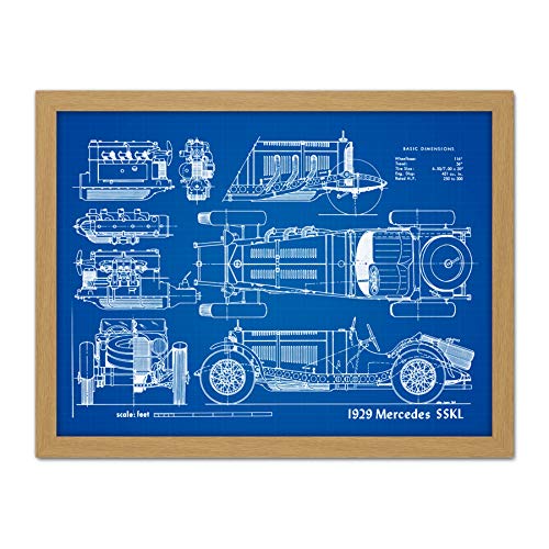 Classic Sports Car 1929 SSKL Blueprint Plan Artwork Framed Wall Art Print 18X24 Inch Cl�Sico Deporte Azul Pared