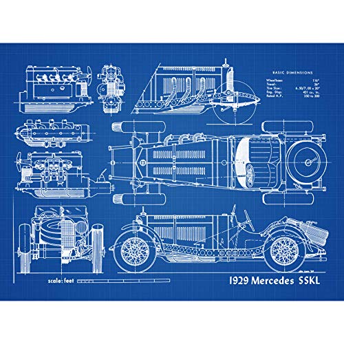 Classic Sports Car 1929 SSKL Blueprint Plan Large Wall Art Poster Print Thick Paper 18X24 Inch Cl�Sico Deporte Azul Pared Impresi�n del Cartel