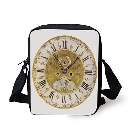 Clock Decor,Vintage Theme A Seventeenth Century Ornamental Clock Face with Roman Numeral,Gold Black Print Kids Crossbody Messenger Bag Purse