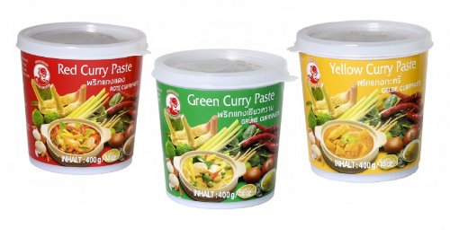 Cock Brand - set de degustación de pastas al curry - paquete de 3 (3 x 400 g) - 3 variedades, 1 lata de pasta de curry roja, verde, amarilla