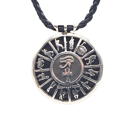 Colgante de Plata Envejecido, Amuleto del Antiguo Egipto, Ojo de Horus con ANK la Llave de la Vida, con 12 Signos del zodíaco, Mide 3.5 cm de diámetro y 23 cm de cordón de Piel Colgante de Plata Envejecido, Amuleto del Antiguo Egipto, Ojo de Horus con ANK la Llave de la Vida, con 12 Signos del zodíaco, Mide 3.5 cm de diámetro y 23 cm de cordón de Piel