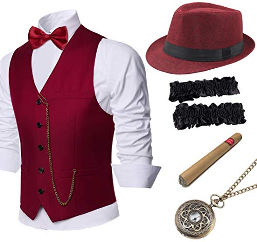 Coucoland Conjunto de disfraz de mafia gatsby de los años 20, incluye gorro de panamá para hombre, chaleco clásico para hombre preatado, brazaletes, reloj de bolsillo y cigarro de juguete