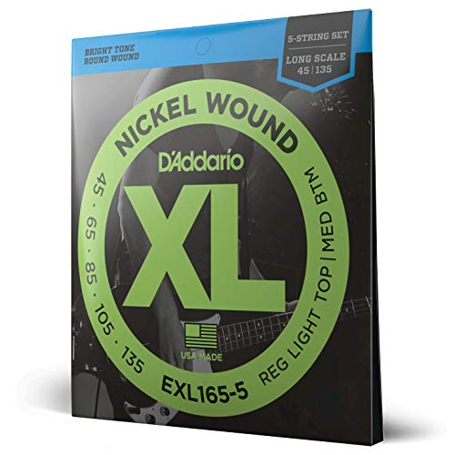 D'Addario EXL165, cuerdas con entorchado en níquel para bajo de 5 cuerdas, blandas personalizadas, 45-135, escala larga