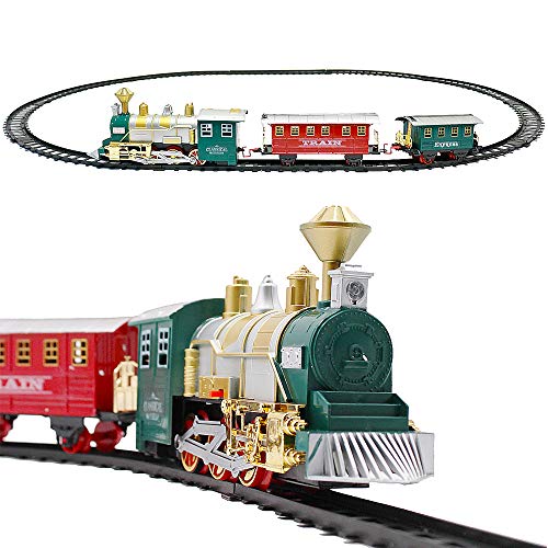 deAO Tren Clásico Infantil con Luces y Sonidos Conjunto Navideño de Vías, Locomotora y 2 Vagones Tren de Juguete Electrónico Decoración de Navidad (Rojo o Verde)