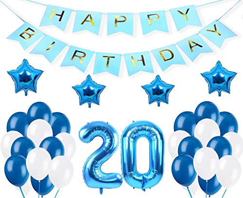Decoraciones de 20 Cumpleaños,“Happy Birthday” Bandera Banner, Set globo azul 20 año, Clásico Número 20 Globo para cumpleaños, decoración de bodas, decoración de fiesta (azul20)