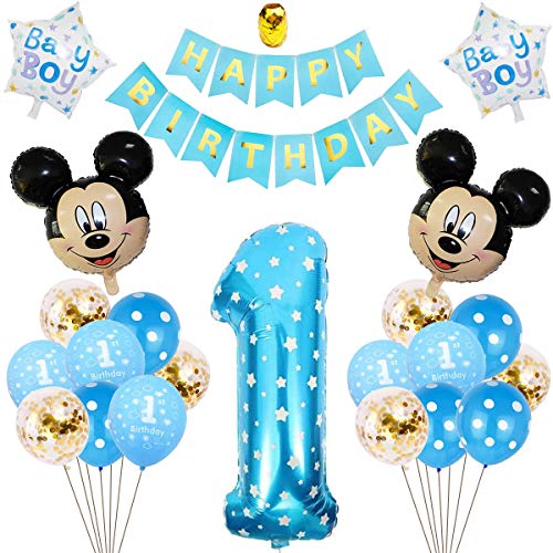 Decoraciones de Cumpleaños de Mickey Mouse, BESTZY 1er Cumpleaños Bebe Azul Globos Decoraciones de Fiesta Temática Azul de Mickey Globos de Confeti de Latex Boy
