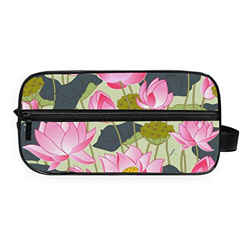 DEZIRO - Bolsa de aseo portátil de viaje con flores de loto, impermeable, bolsa organizadora de maquillaje, bolsa de cosméticos para mujeres y niñas