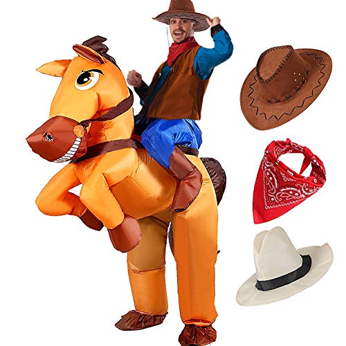 Disfraz Inflable De Jinete Vaquero A Caballo Traje Cosplay Fiesta para Adulto Disfraz Hinchable Halloween Caballo Hinchable Disfraz Vaquero Hinchable Disfraz con Sombrero Vaquero y Pañuelo