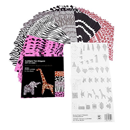 Divertido animal de Origami Papel, papel para manualidades, 100 hojas, 5 diseños, 15 x 15 cm, con instrucciones