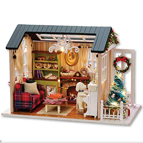 DIY Christmas Miniature House Kit, Realistic Cabin Mini 3D Casa de muñecas de madera Habitaciones Artesanía con muebles Luces LED