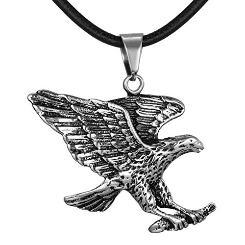 DonDon Collar de Cuero 50 cm para Hombre y Colgante águila 3D de Acero Inoxidable en Bolsa de Regalo
