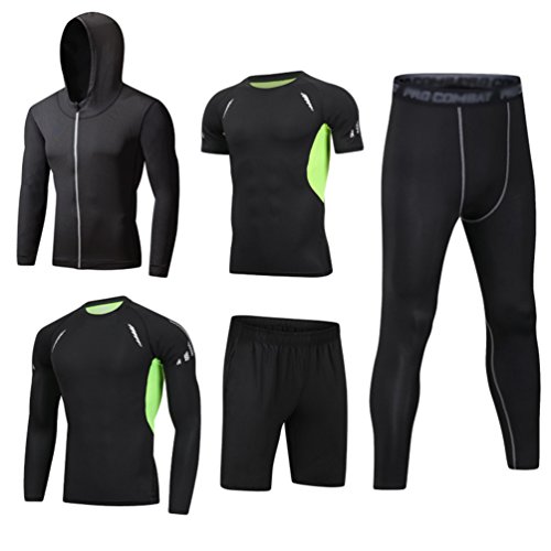 Dooxii Hombre 5 Piezas Secado Rápido Conjunto Compresión Ropa Sudaderas con Capucha y Pantalones Cortos y Leggings y Manga Corta y Manga Larga Tops Apretada para Running Fitness Entrenamiento XL