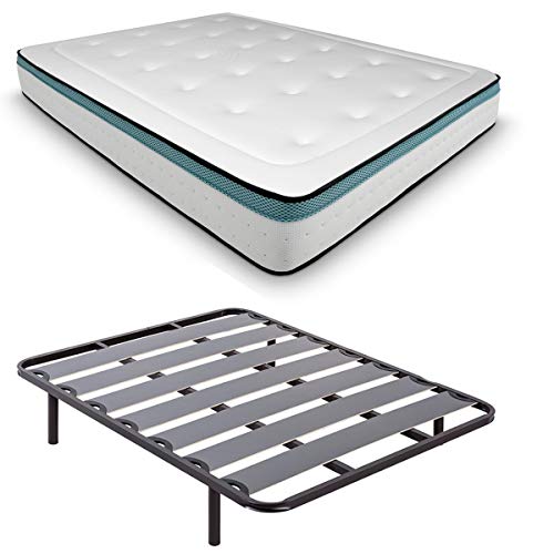 Duérmete Online Pack Somier Lama Ancha Reforzado + Colchón Viscoelástico Bio MAX | Patas Roscadas Altura 30cm, 135x190 Duérmete Online Pack Somier Lama Ancha Reforzado + Colchón Viscoelástico Bio MAX | Patas Roscadas Altura 30cm, 135x190