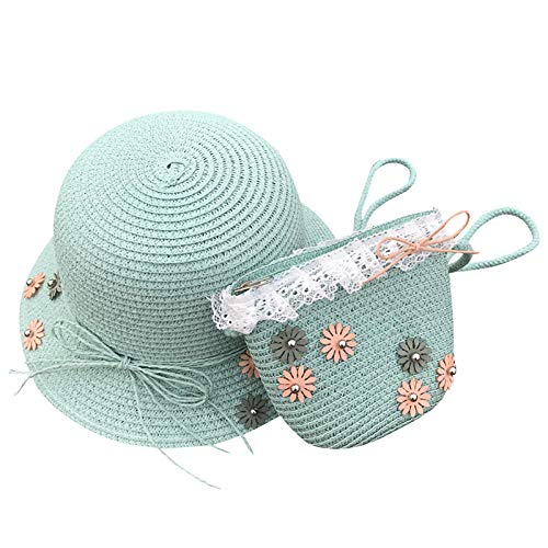 Dwqlx Conjunto de bolsa de sombrero de paja para el sol, lindo arco Summer Beach Flower Bow Lace Sun Cap y bolso para niños niñas-3
