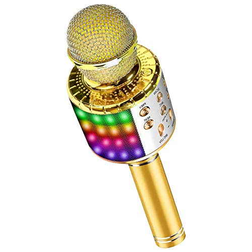 DY_Jin Micrófono inalámbrico de Karaoke Bluetooth 4 en 1 con Luces LED, portátil de Mano para niños, Reproductor KTV doméstico con función de grabación (Gold)