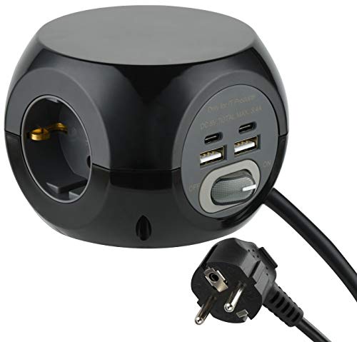 Electraline 62080 Mini Cubo con 4 puertos USB 17 W (2 de Tipo C (compatible con la última tecnología) + 2 USB A 3.4A Q.C, con 3 tomas schuko + interruptor (ON/OFF), Cable 1,5M, Negro