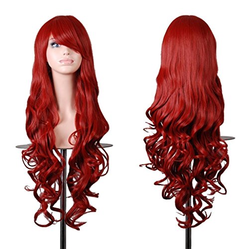 EmaxDesign de las pelucas 80cm calidad de alta largo completo de las mujeres pelo rizado pelo ondulado mechas prueba calor con pelo rulos libre peluca peine(color:rojo oscuro )