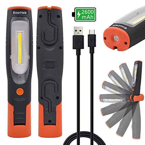 ENUOTEK Lampara Linterna de Trabajo de Mano Taller COB LED 4W Recargable USB Portatil Muy Potente con Bateria de Litio 2600mAh, Imanes Potentes y Dos Ganchos