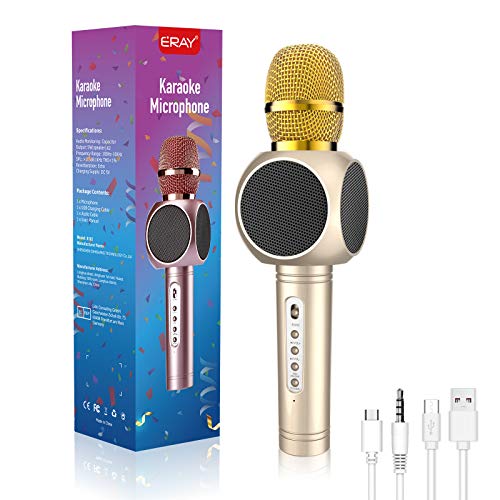 ERAY Micrófono Karaoke Bluetooth, Micrófono Inalámbrico Karaoke 4 en 1, 2 Altavoces Incorporados, 3.5mm AUX, Compatible con Smartphone, Buen Regalo para los Niños o Adultos, Color Dorado (Modelo E103)