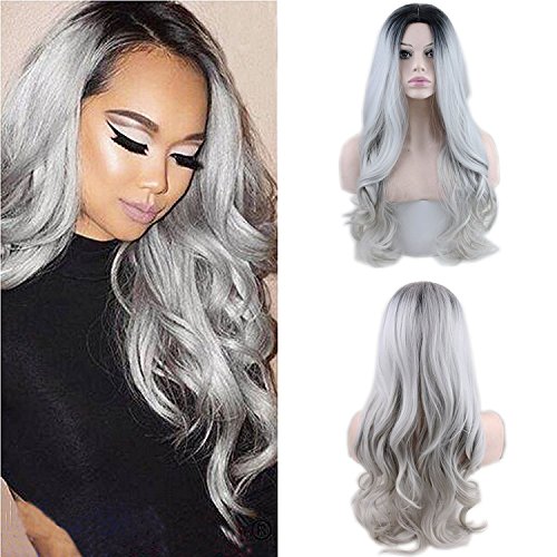 Eseewigs Peluca sintética de onda larga Peluca gris Ombre Dos tonos Negro con raíces grises Peluca de parte media resistente al calor 130% de alta densidad para mujeres Eseewigs Peluca sintética de onda larga Peluca gris Ombre Dos tonos Negro con raíces grises Peluca de parte media resistente al calor 130% de alta densidad para mujeres
