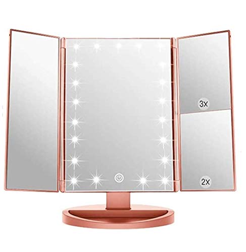 Espejo de Maquillaje con LED,Espejo de Maquillaje Tríptico con Aumento 1x, 2X, 3X, Espejo Cosmético Pantalla Táctil en Iluminacíon 21 Led, Adjustable 180º (Oro Rosa)