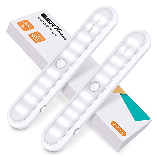 ESR7Gears Luz Armario de 20 LED con sensor de movimientos, 3 modos de iluminación, Lámpara nocturna inalámbrica portátil para Pasillo Cocina, Magnético Sin instalación, Funciona con pilas, 2 unidades