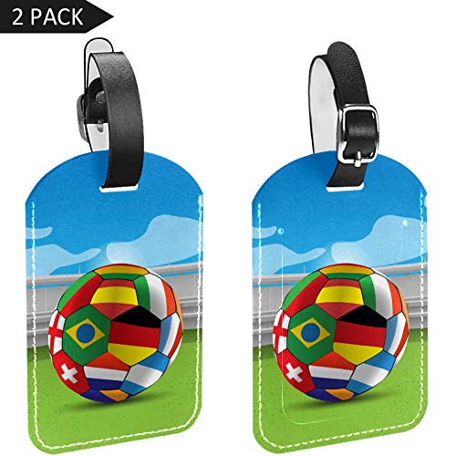 Etiquetas de piel sintética para equipaje, etiquetas de identificación de nombre para bolsa de viaje, maleta con cubierta de privacidad trasera, paquete de 2, Creative World Cup Soccer
