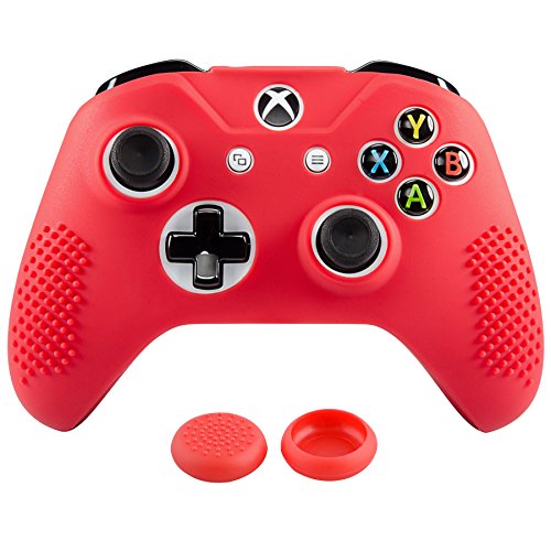 eXtremeRate Funda Silicona para Mando Xbox One Carcasa Suave Cubierta Antideslizante Protectora para Mando Controlador de Xbox One S/X con Dos Grips de Joyticks(Rojo)