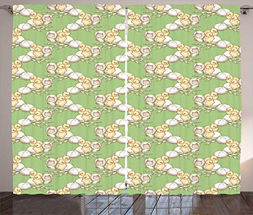 FAFANIQ Yellow Bird Curtains, Recently Hatched Little Baby Chickens Vintage Engraved, Living Room Bedroom Window Drapes 2 Panel Set, Pistachio Green Champagne and Umber，110 * 86 Inch