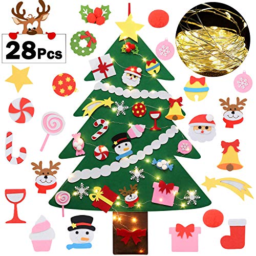 Fascigirl Árbol de Navidad de Fieltro, 39 Inch DIY Navidad Decoración los Ornamentos Desmontables 28pcs y Cadena de Luces Regalos Colgantes de Navidad de la Pared para Niños