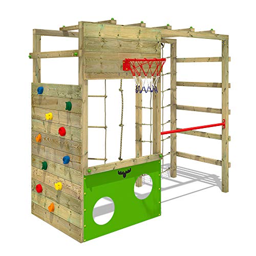 FATMOOSE Parque infantil de madera CleverClimber, Área de juegos da exterior, Escalera Sueco con pared de escalada para niños