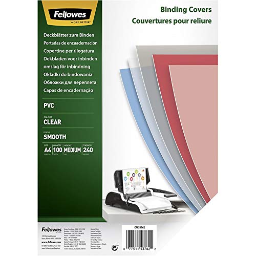 Fellowes Portadas para encuadernar de PVC transparente, formato A4, 240 micras, pack de 100 Fellowes Portadas para encuadernar de PVC transparente, formato A4, 240 micras, pack de 100