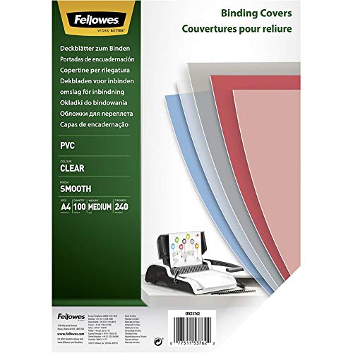 Fellowes Portadas para encuadernar de PVC transparente, formato A4, 240 micras, pack de 100