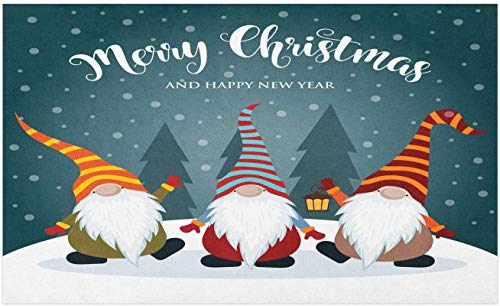 Felpudo de nieve, tipografía de feliz Navidad y feliz año nuevo con personajes garabatos de gnomos barbudos, tapete decorativo de poliéster con respaldo antideslizante, azul petróleo, 40 * 60 cm