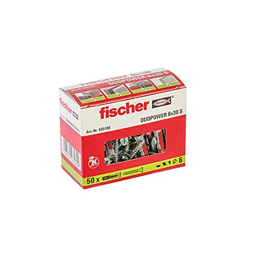 Fischer Taco Duopower S / (Caja de 50 Uds), 555106, Gris y Rojo, 6x30 (tacos + tornillos) Fischer Taco Duopower S / (Caja de 50 Uds), 555106, Gris y Rojo, 6x30 (tacos + tornillos)
