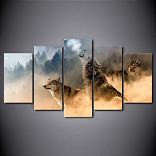 FJLOVE Fxwj Impresión Cuadro En Lienzo Ojos De Lobo Vigilantes En Libertad Composición De 5 Piezas Cuadros Moderno HD Póster para Pared Decoración,Frameless+A,150X80cm(Large)