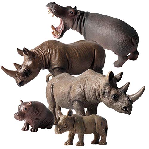FLORMON Figuras de animales 5 piezas Realista Hipopótamo y rinoceronte Modelo de acción El plastico Animal salvaje Juguetes de fiesta favores Juguetes educativos de la granja forestal Regalo para niño