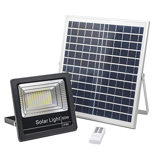 Foco Solar LED 80W, Luces Solares Jardín Luz Blanco-Neutro 4000K, Lámpara Solar Hasta 15 HORAS de Luz, Iluminación Solar 3000 LM, Aplique Solar 120 LEDS