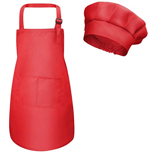 Fodlon Niños Delantal y Gorro de Cocinero, Ajustable Infantil Delantales de Chef con Bolsillos para Niñas, Niñito Delantales de Cocina para Hornear Cocinar Pintura Artesanía (M para 3-6 Años) (Rojo)